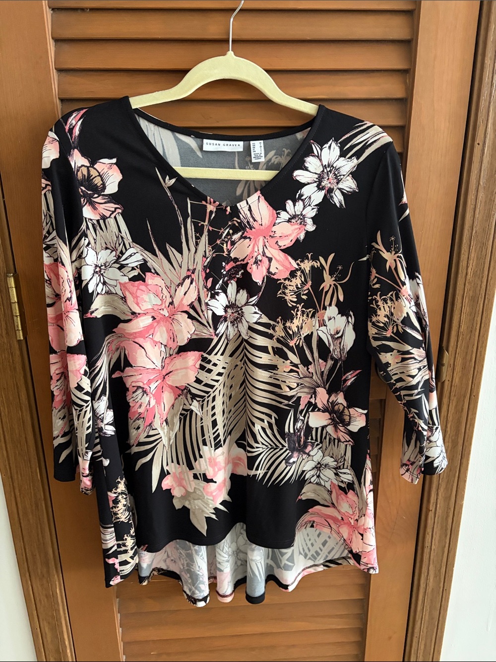 Susan Graver Black Floral Scoop-Neck Tunic with Pink & Cream Blooms